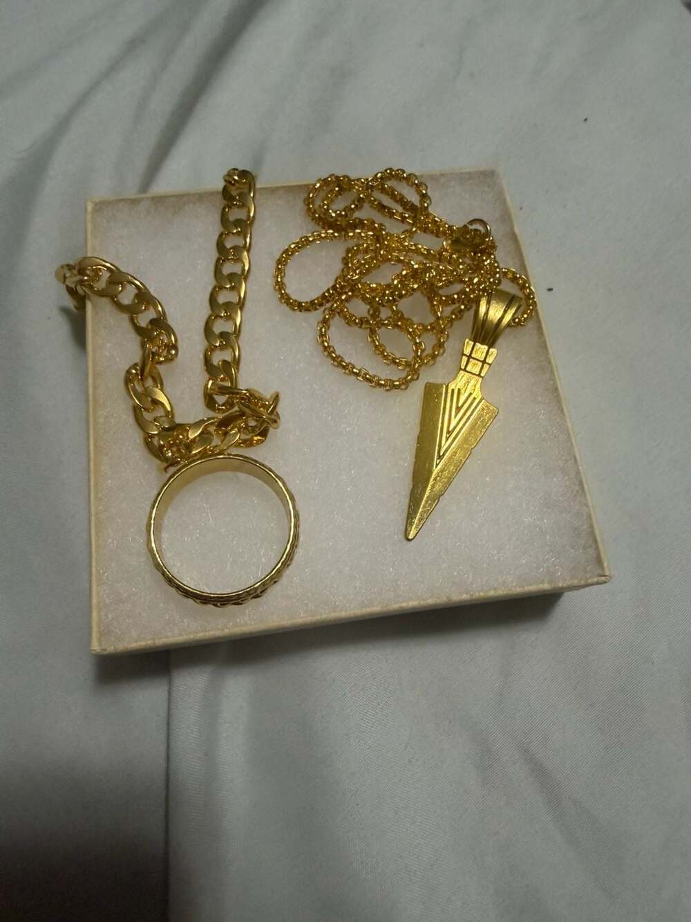 Rugged Arrowhead Pendant With Braided Edge Ring And Heavy Cuban Link Bracelet- 3